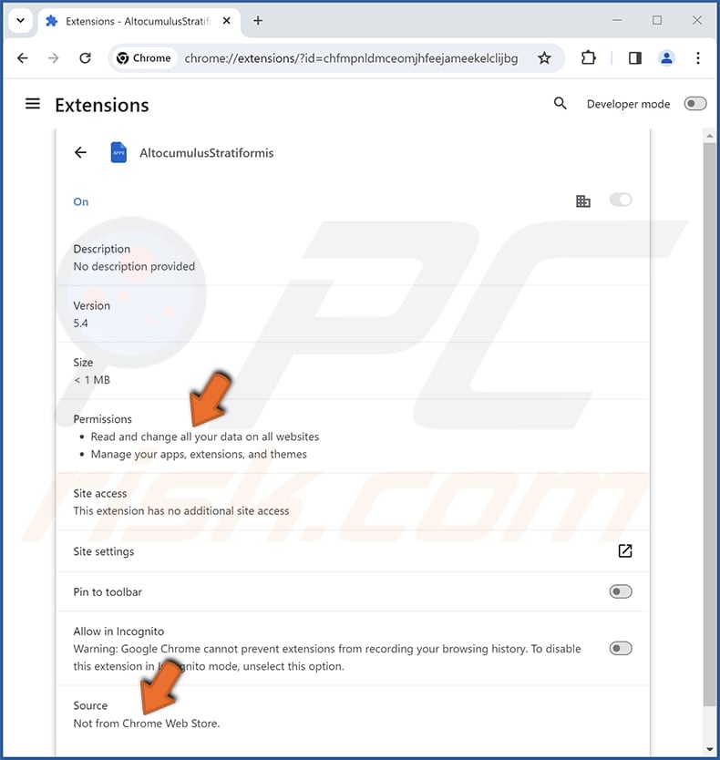 AltocumulusStratiformis malicious extension app info