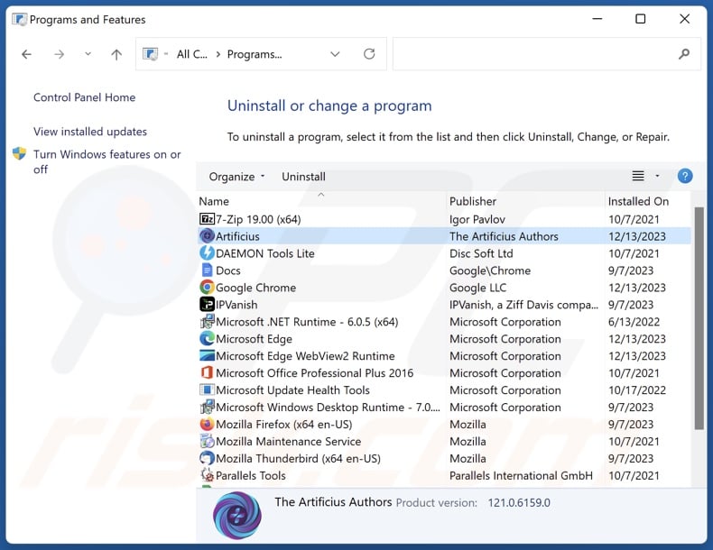 Artificius browser uninstall via Control Panel