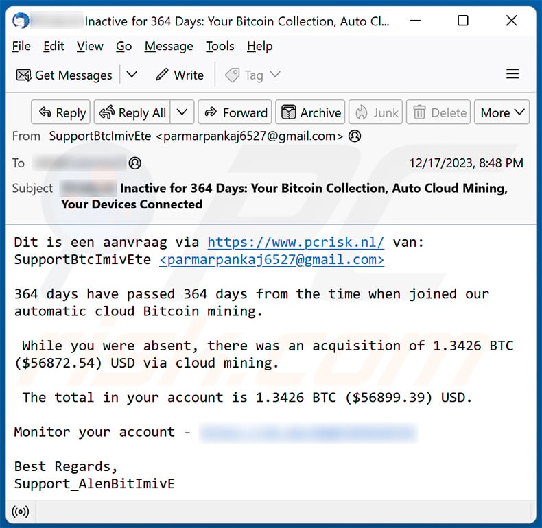 Spam email promoting Bitcoin Mining scam (2023-12-19)