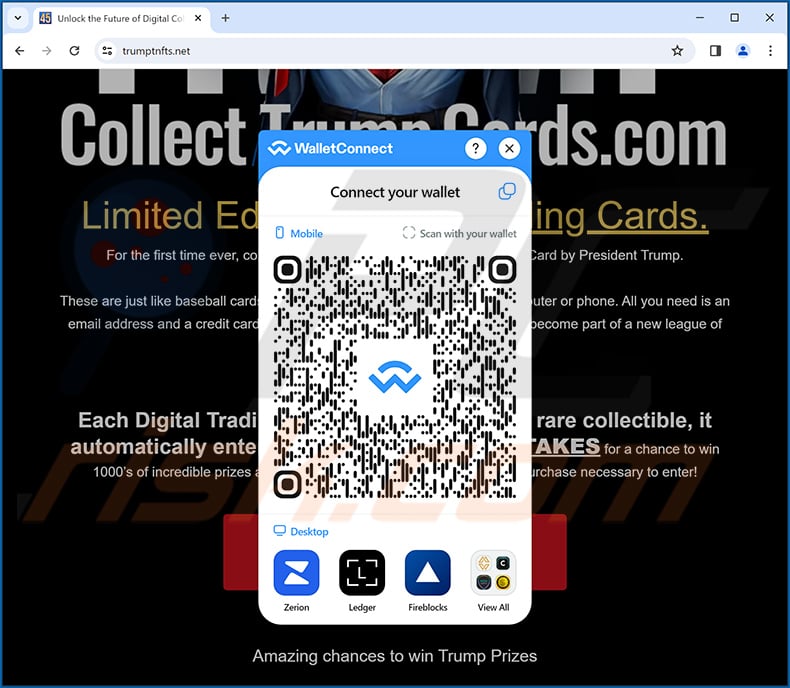Collect Trump Cards Scam asking users to connect their cryptowallets