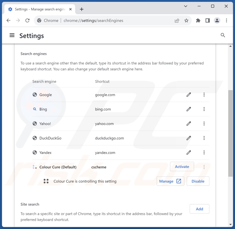 Removing colourcure.xyz from Google Chrome default search engine