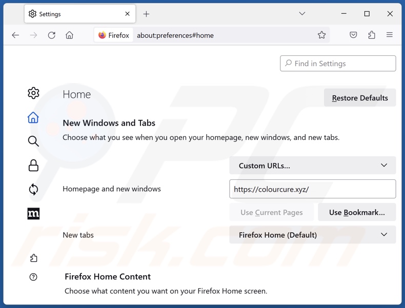 Removing colourcure.xyz from Mozilla Firefox homepage