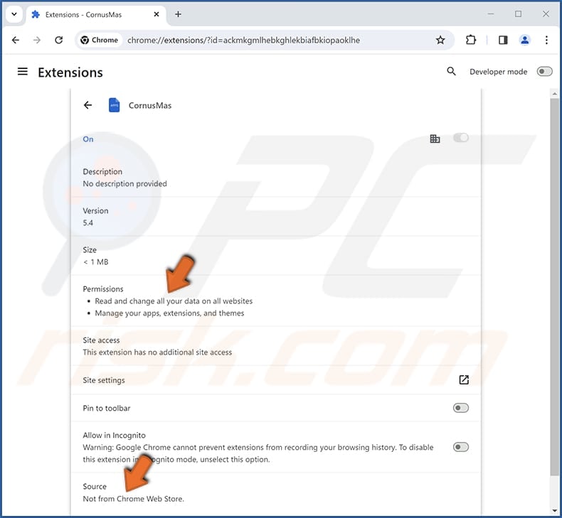CornusMas malicious extension app information