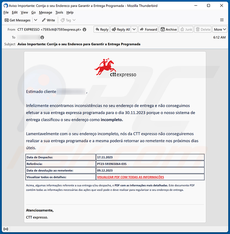 CTT Express email scam (2023-12-01)