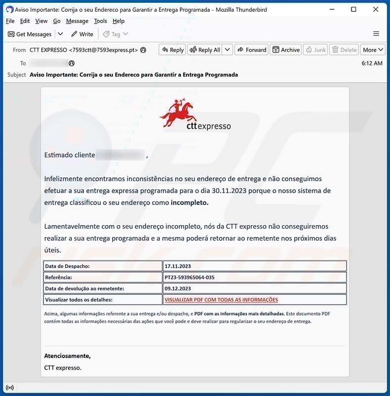 CTT Express email scam (2023-12-01)
