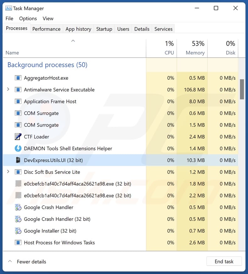 DevExpress malware process on Windows Task Manager (DevExpress.Utils.UI - process name)