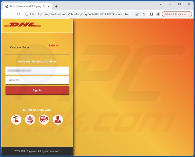 DHL Express - Incomplete Delivery Address scam email promoted phishing file (Original BL CI Copies.shtml)