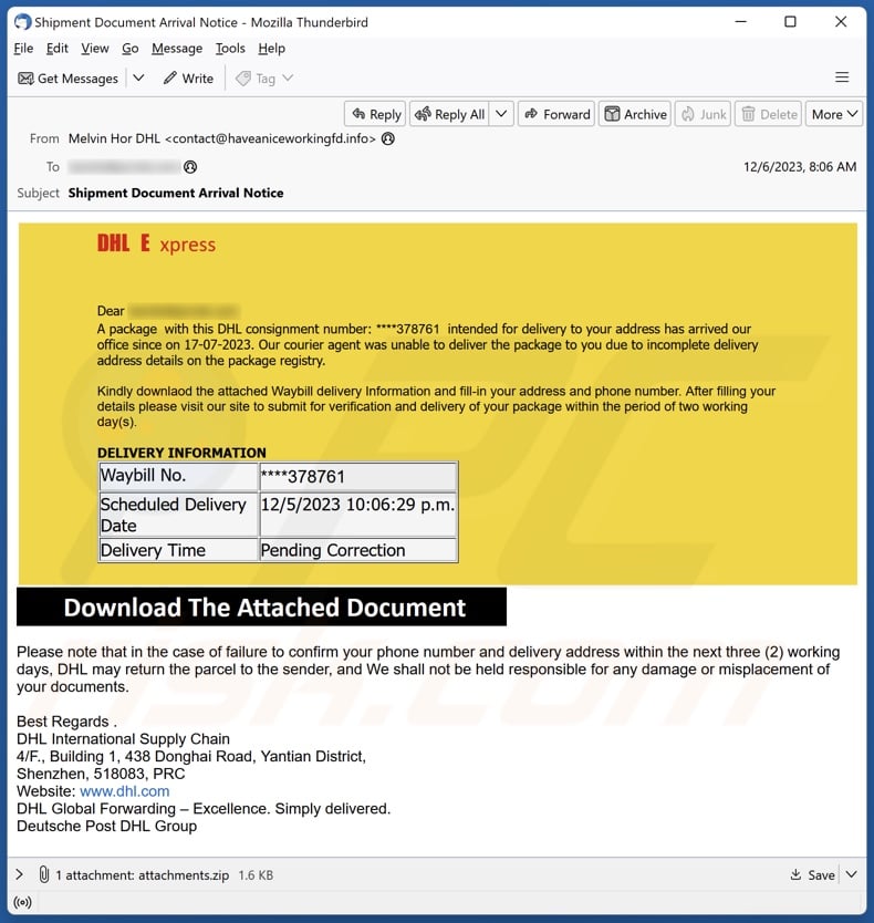 DHL Express - Incomplete Delivery Address Email Scam - Removal and