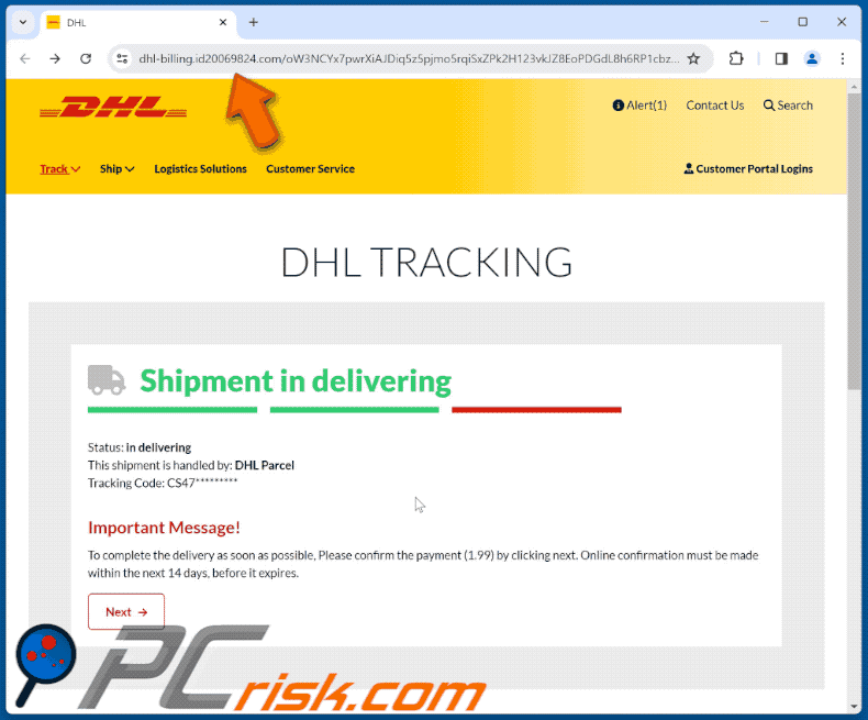DHL - Outstanding Payment scam email promoted phishing site (GIF)