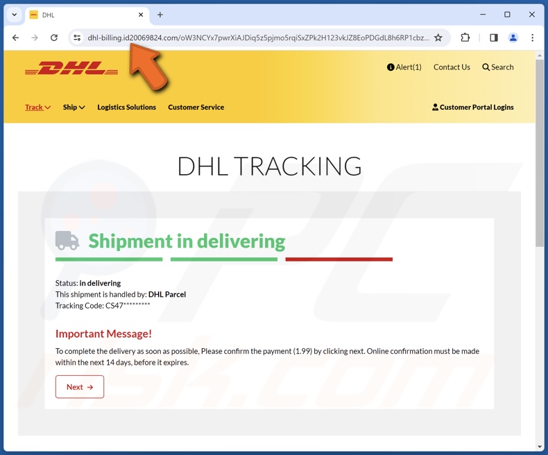 DHL - Outstanding Payment scam email promoted phishing site