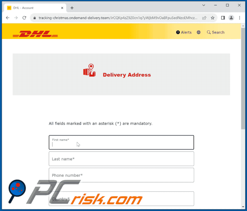 Phishing site promoted via DHL Unpaid Duty email scam (GIF)