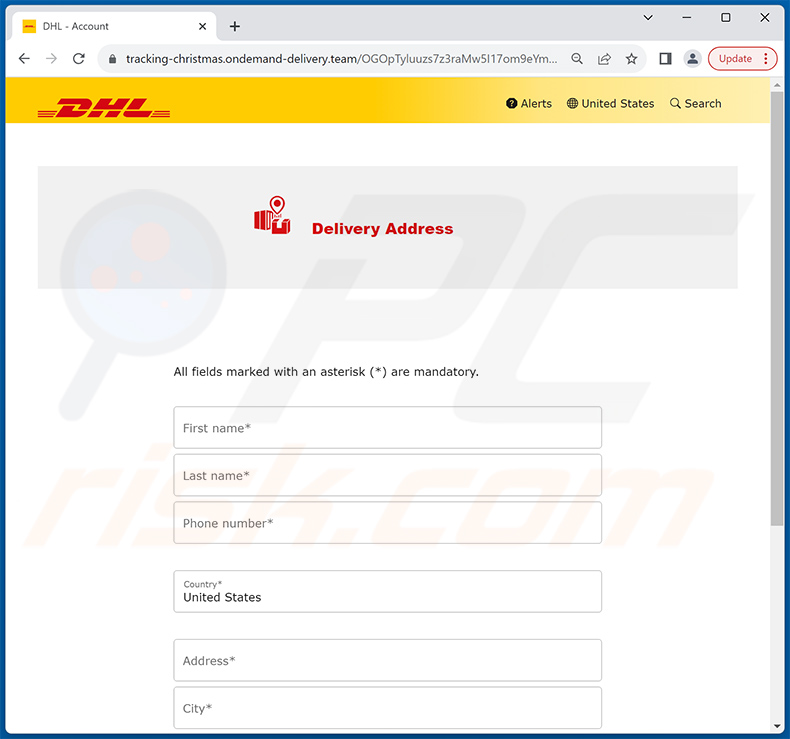 Phishing site promoted via DHL Unpaid Duty email scam (page 1)