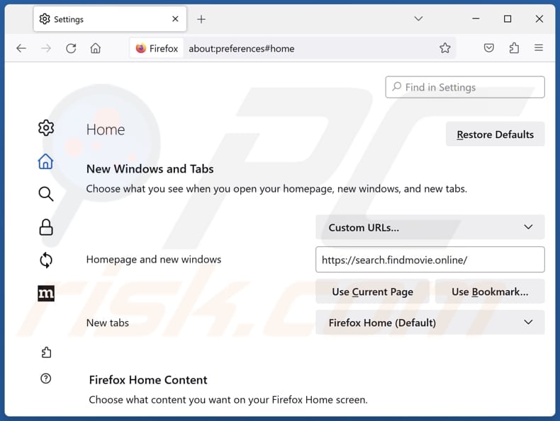 Removing search.findmovie.online from Mozilla Firefox homepage