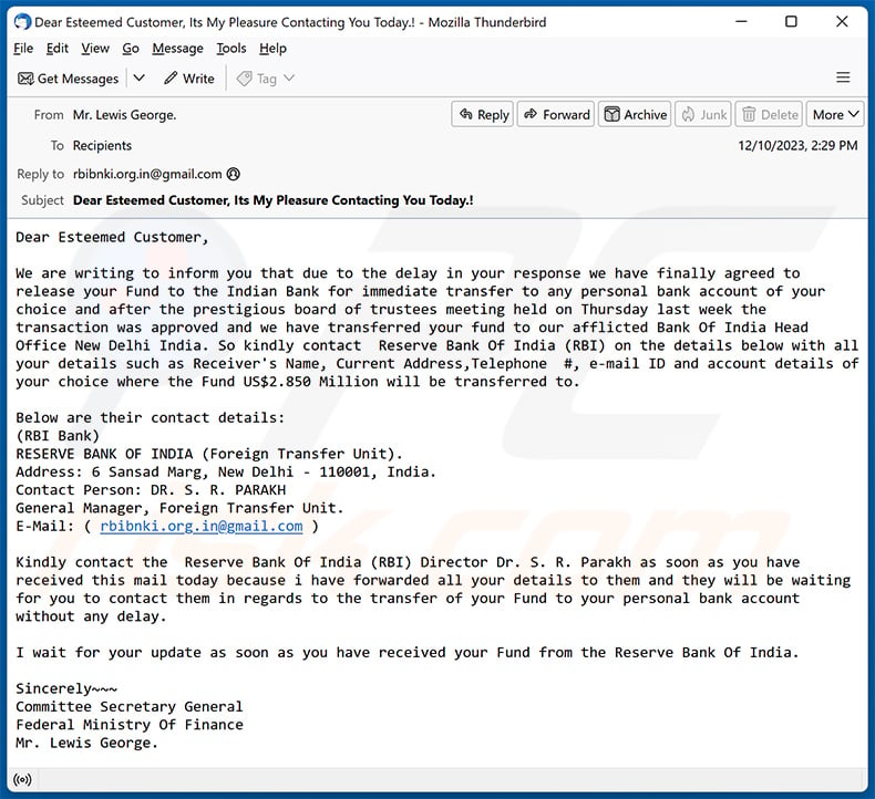 Fund Release email scam (2023-12-11)