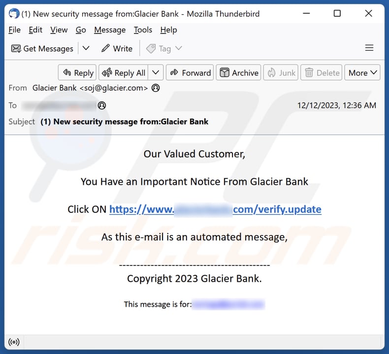 Glacier Bank email scam email spam campaign