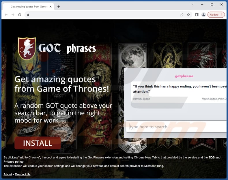 Website used to promote GoT Phrases browser hijacker