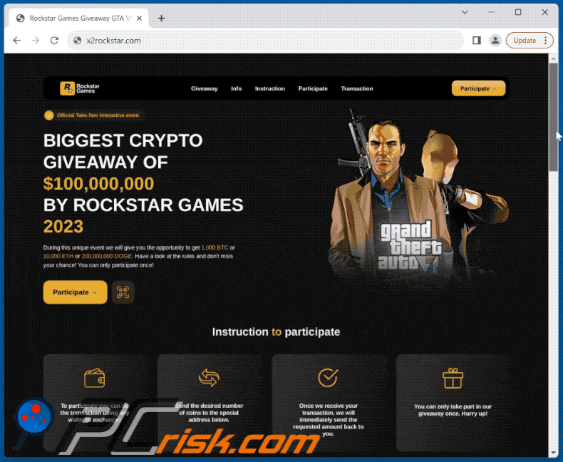 Appearance of Grand Theft Auto (GTA) VI Crypto Giveaway scam