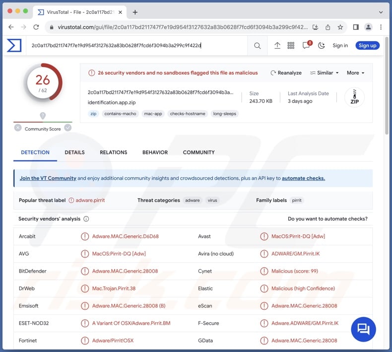 Identification.app adware detections on VirusTotal