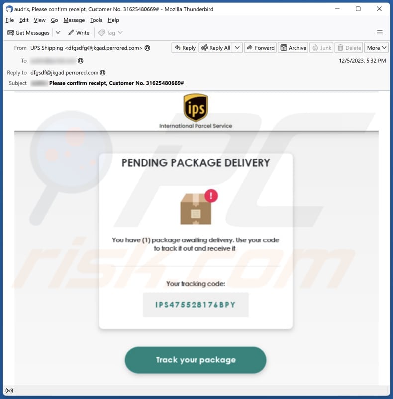 IPS Pending Package Delivery phishing email