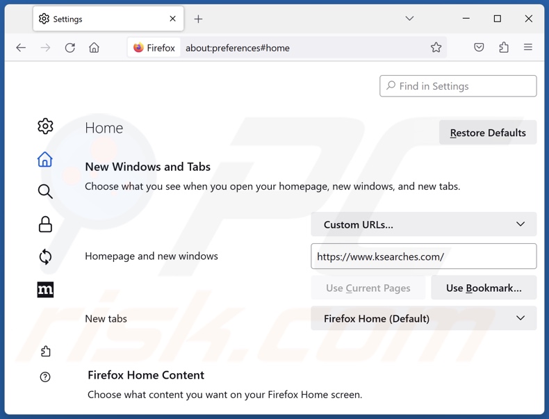 Removing ksearches.com from Mozilla Firefox homepage