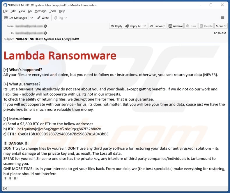 Lambda Ransomware email spam campaign