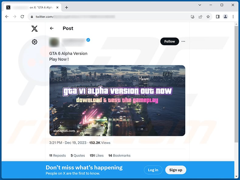 Twitter post promoting a fake Grand Theft Auto (GTA) 6 download website (alphagta6[.]com) spreading Atomic stealer