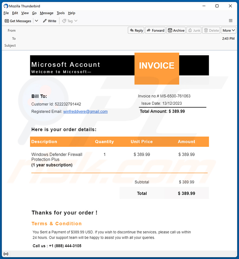 Microsoft Defender Protection email scam (2023-12-28)