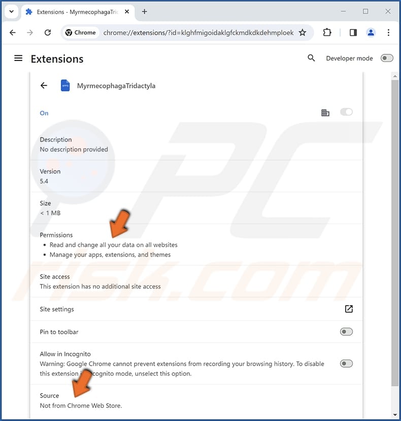 MyrmecophagaTridactyla malicious extension app info