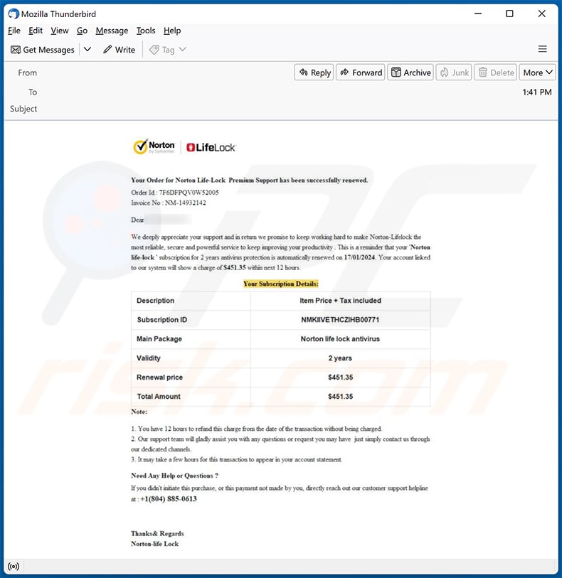 Norton LifeLock email scam (2024-01-18 - sample 1)