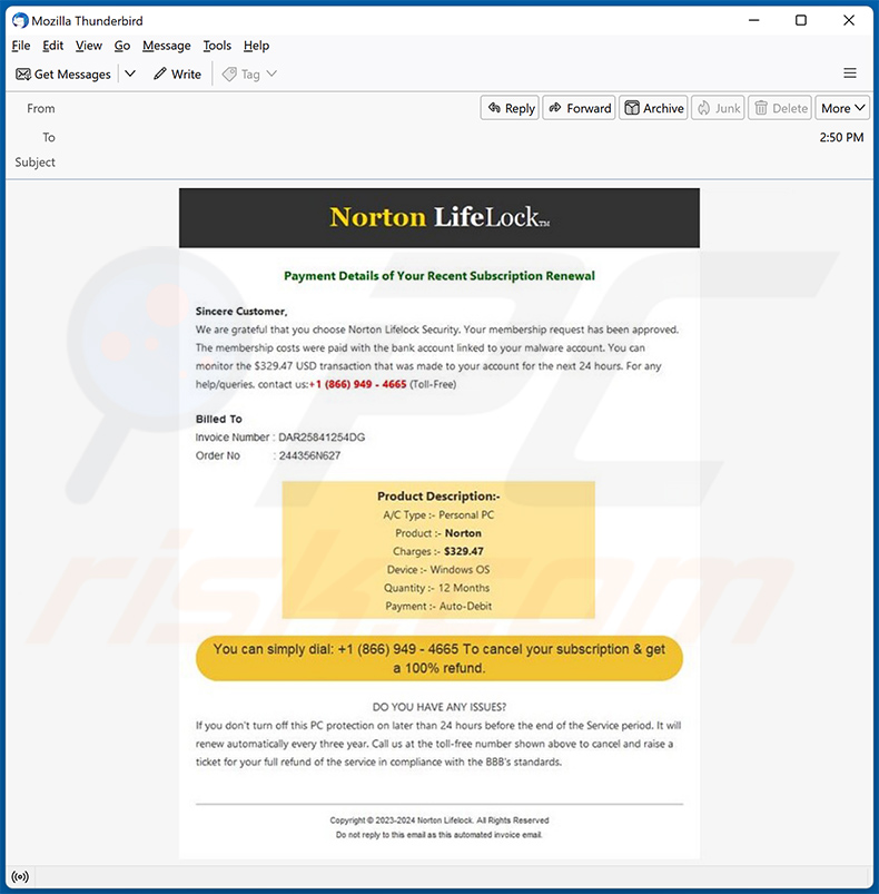 Norton LifeLock email scam (2024-01-18 - sample 2)