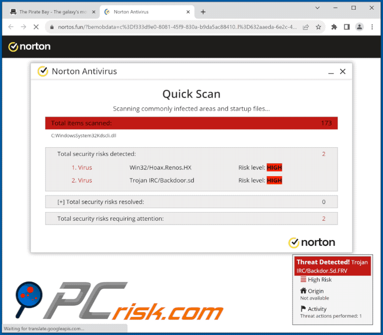 Appearance of Norton - Your PC Is Infected With 18 Viruses! scam (GIF)