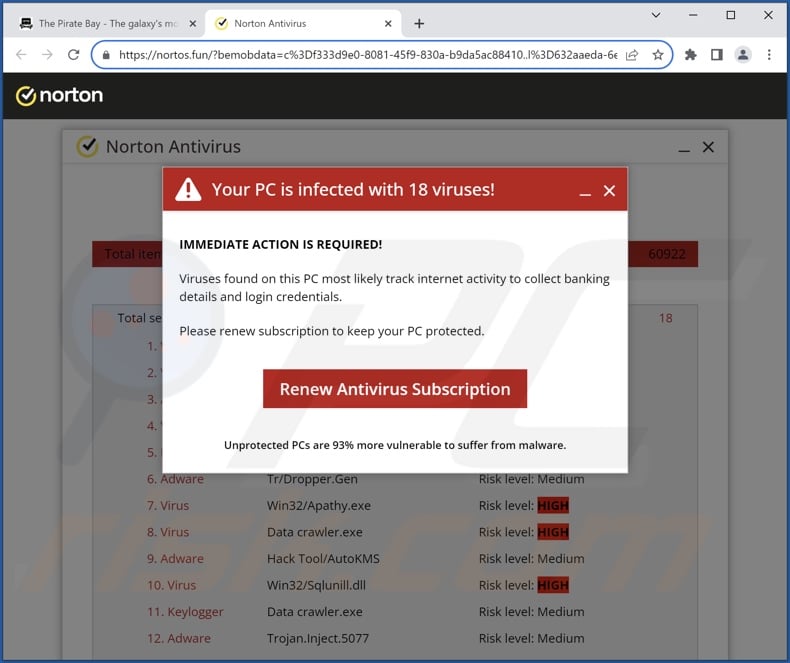 Norton - Your PC Is Infected With 18 Viruses! scam