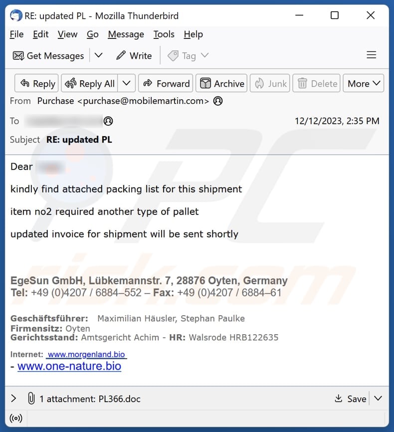 Packing List malware-spreading email spam campaign