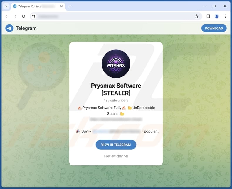 Prysmax malware developer Telegram acc