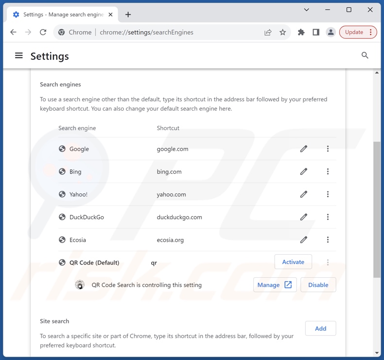 Removing qrcodeme.xyz from Google Chrome default search engine