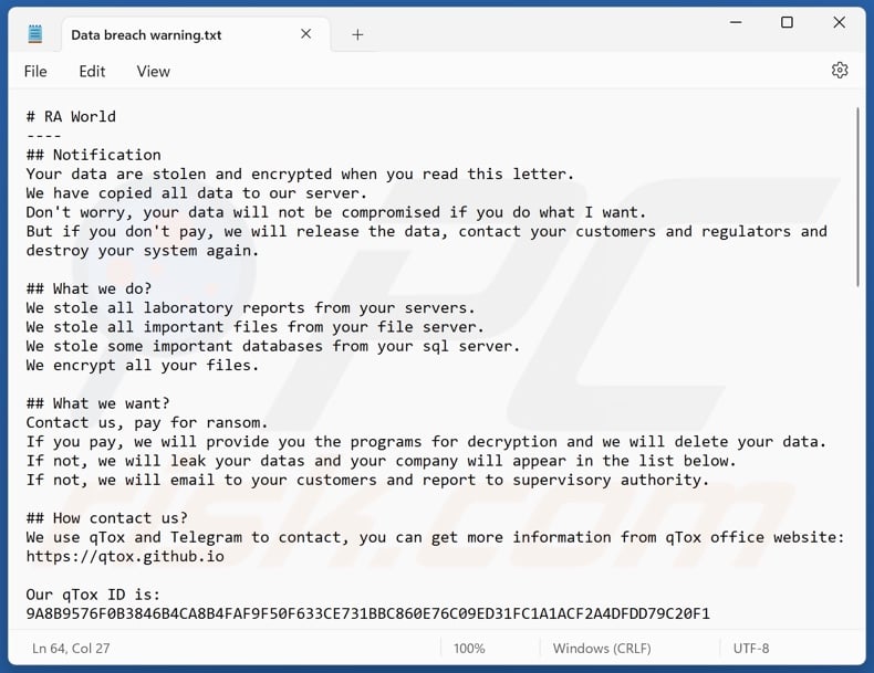 RA World ransomware ransom note (Data breach warning.txt)