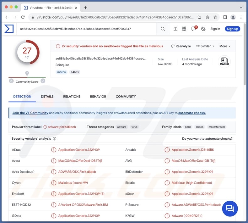 Reinquire adware detections on VirusTotal