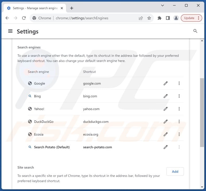 Removing search-potato.com from Google Chrome default search engine