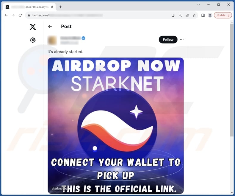 X (Twitter) post promoting Starknet Airdrop scam (sample 1)