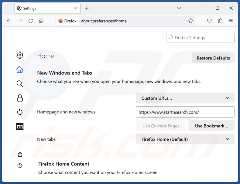 Removing startnsearch.com from Mozilla Firefox homepage