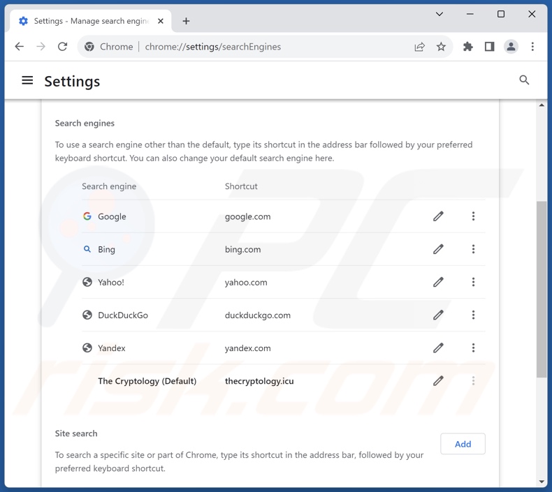 Removing thecryptology.icu from Google Chrome default search engine