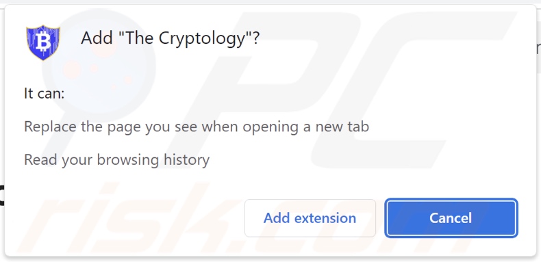 The Cryptology browser hijacker asking for permissions