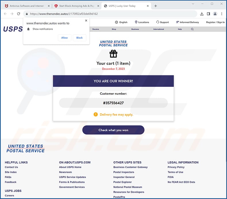 USPS pop-up scam (2023-12-07 - thenondec[.]autos website)