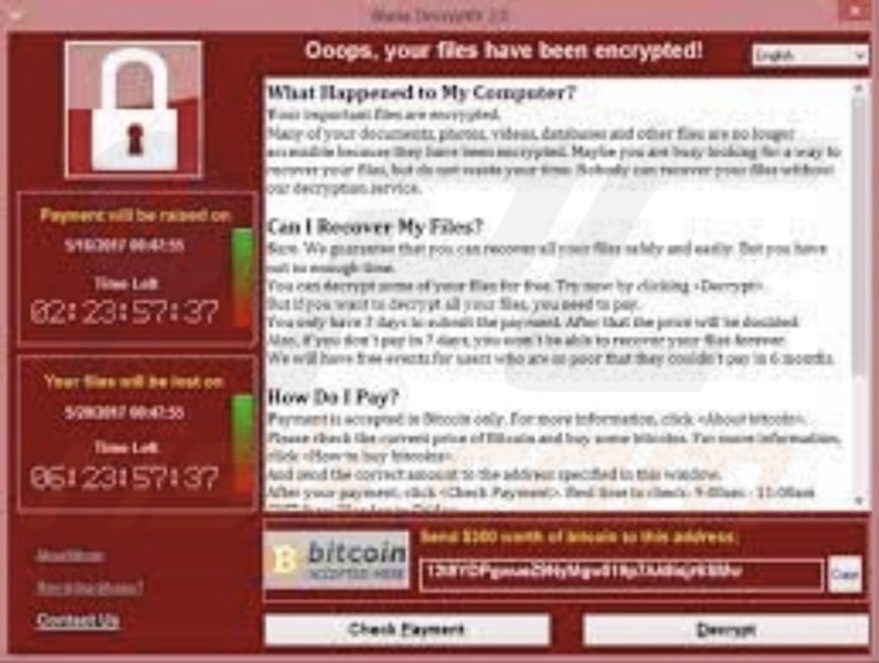 WANA CRY ransomware wallpaper (Screenshot of the ransom note displayed by WannaCry ransomware)