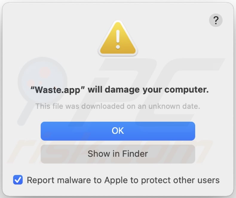 Pop-up displayed when Waste.app adware is detected on the system