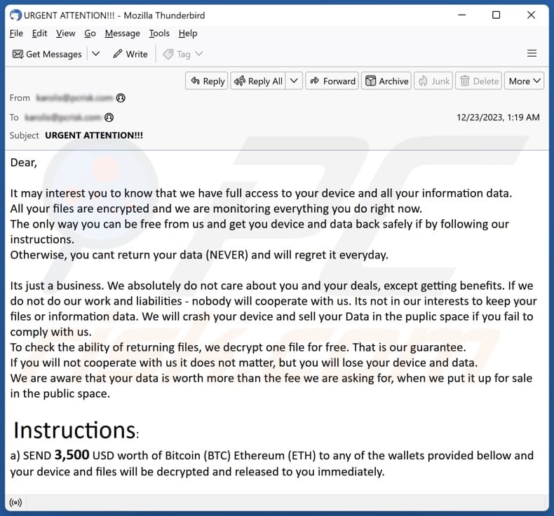 We Have Full Access To Your Device email spam campaign