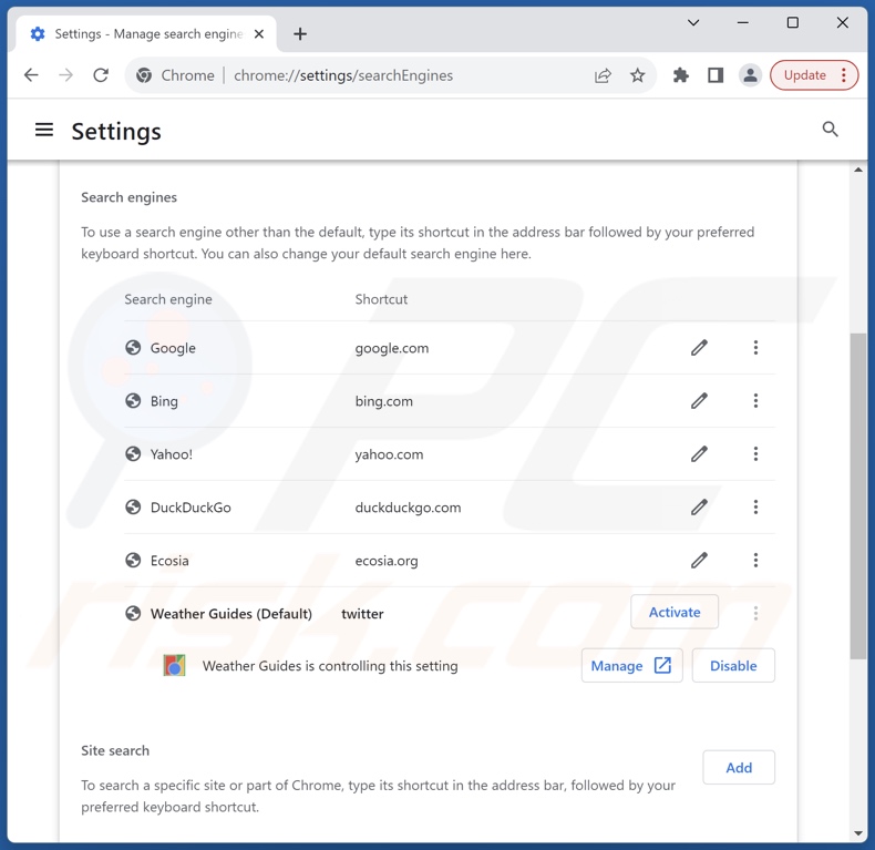Removing weather-guides.com from Google Chrome default search engine