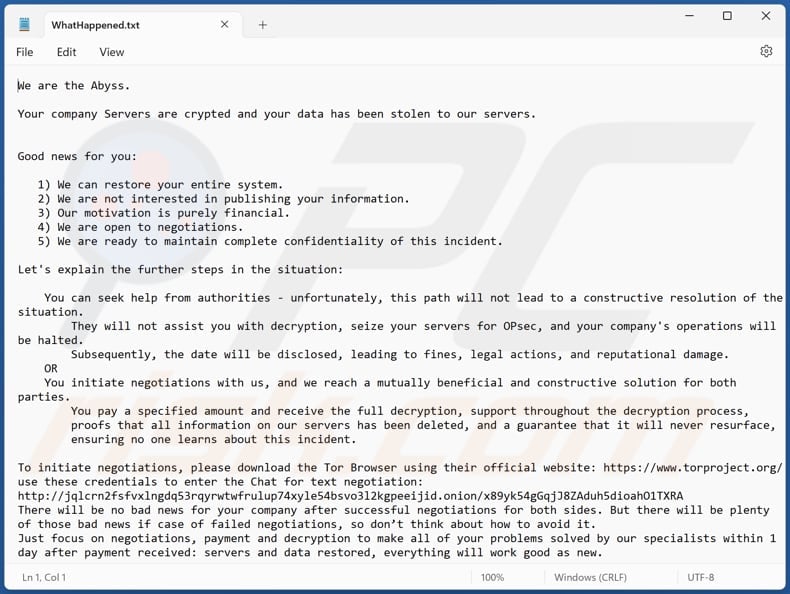Abyss ransomware text file (WhatHappened.txt)