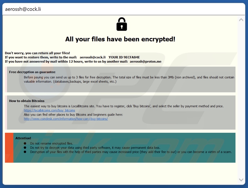 AeR ransomware ransom note (pop-up)