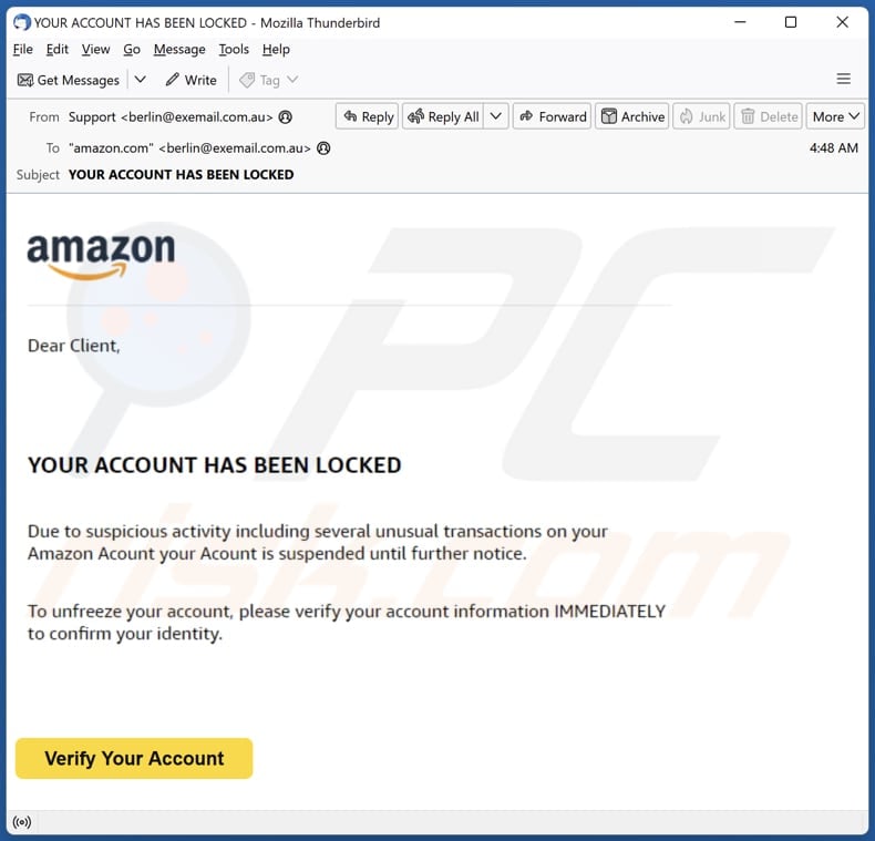 Amazon - Your Account Has Been Locked email spam campaign